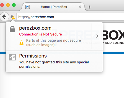 A mixed content warning in the firefox web browser, which reads &quot;conntection is not secure. parts of this page are not secure (such as images).&quot;