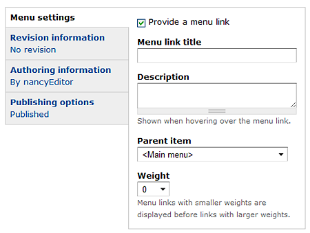 Menu settings - provide a menu link checked