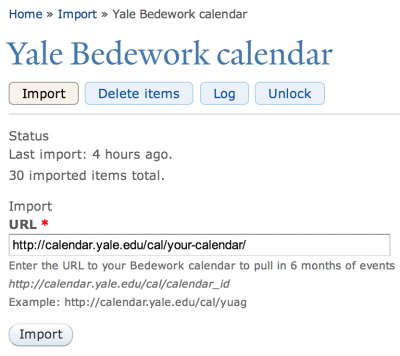 Bedework calendar feed setup